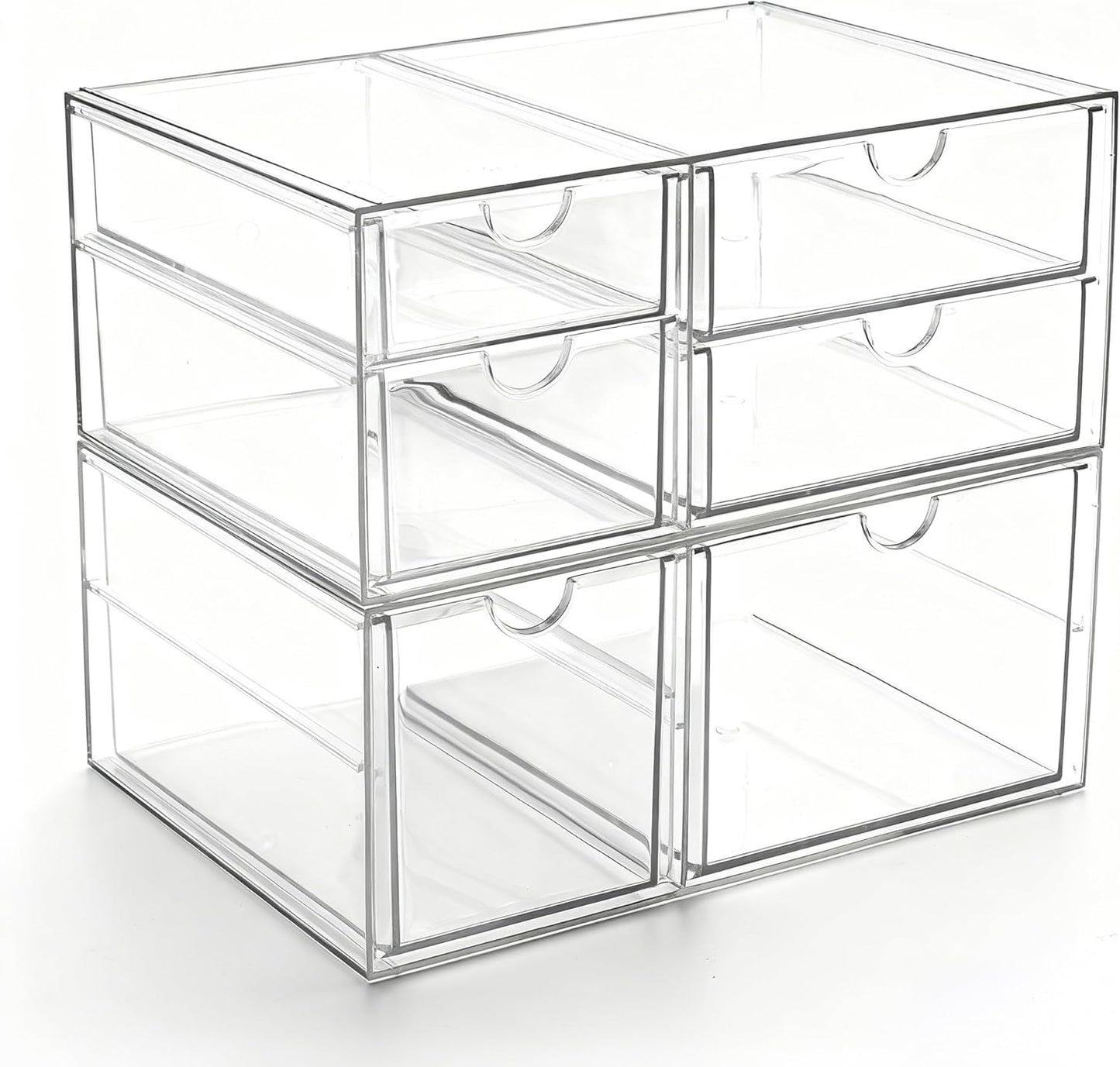 Prsildan Acrylic Drawer Makeup Organizer with 6 Drawers (Not for Baby Bottle), Set of 2 Office Desk Organizers Accessories, Clear Stackable Storage Drawers for Vanity, Craft (Largest Drawer 4" Tall)