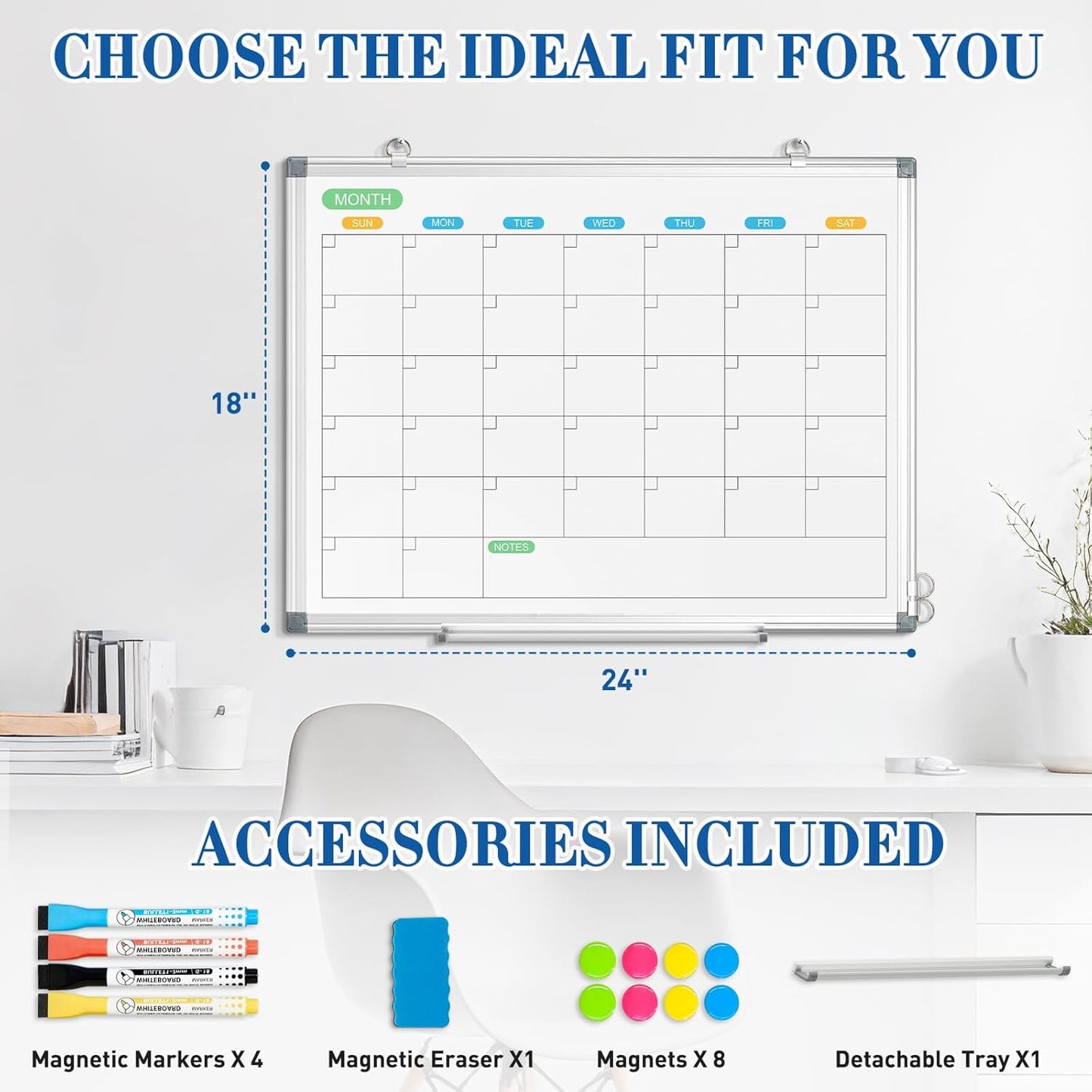 WALGLASS Weekly Dry Erase Calendar Whiteboard for Wall, 24" x 18" Double-Sided Weekly Planner White Board with Notes, Daily Tracker, Aluminum Framed Hanging & Wall Mount for Home, Office, School