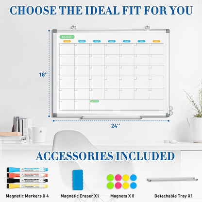 WALGLASS Weekly Dry Erase Calendar Whiteboard for Wall, 24" x 18" Double-Sided Weekly Planner White Board with Notes, Daily Tracker, Aluminum Framed Hanging & Wall Mount for Home, Office, School