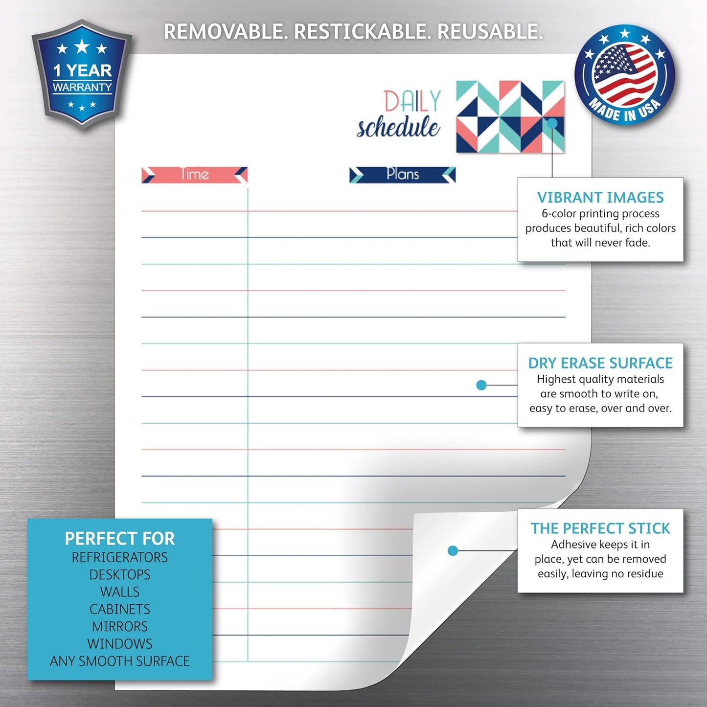 Dry Erase Daily Schedule Planner Sticker Decal by Glassboard Studio | Removable & Reusable | Magnetic Fine-Tip Marker Included (9 x 12 inches, White)