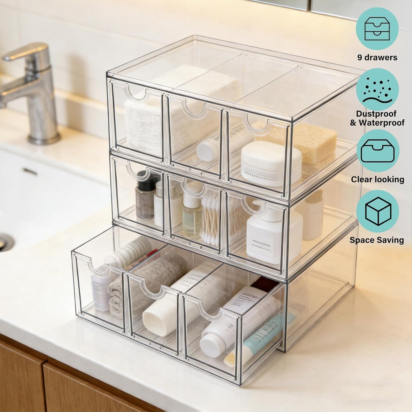Prsildan Acrylic Drawer Makeup Organizer with 6 Drawers (Not for Baby Bottle), Set of 2 Office Desk Organizers Accessories, Clear Stackable Storage Drawers for Vanity, Craft (Largest Drawer 4" Tall)
