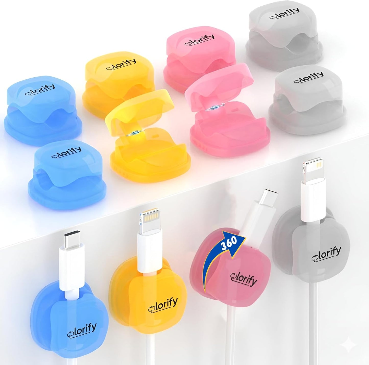 8 Pack Spring Cord Holder Clips [360° Rotatable, 1-Hand Use] — Adhesive Cable Clips for Nightstand, Desk, Wall & Kitchen | Phone Charger Cord Holder | No-Residue | Fits 2.5–8mm Cables