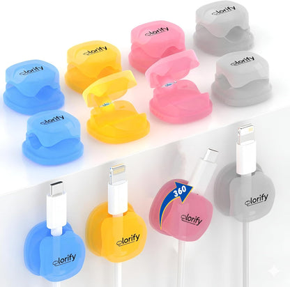 8 Pack Spring Cord Holder Clips [360° Rotatable, 1-Hand Use] — Adhesive Cable Clips for Nightstand, Desk, Wall & Kitchen | Phone Charger Cord Holder | No-Residue | Fits 2.5–8mm Cables