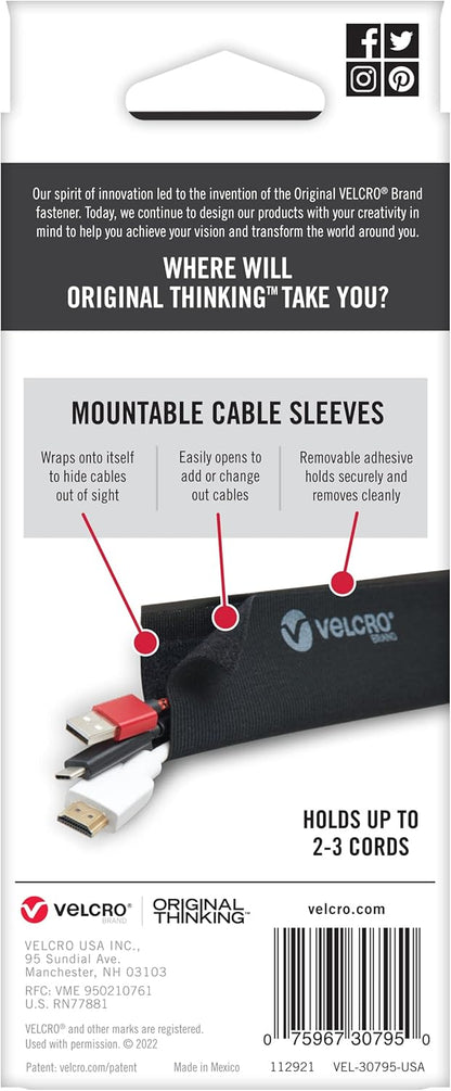 VELCRO Brand Mountable Cable Sleeve | Cord Management Mounts on Walls, Desk or Entertainment Center | Removable Adhesive is Damage Free | 8in Black, 2pk, 8in - 2Pk