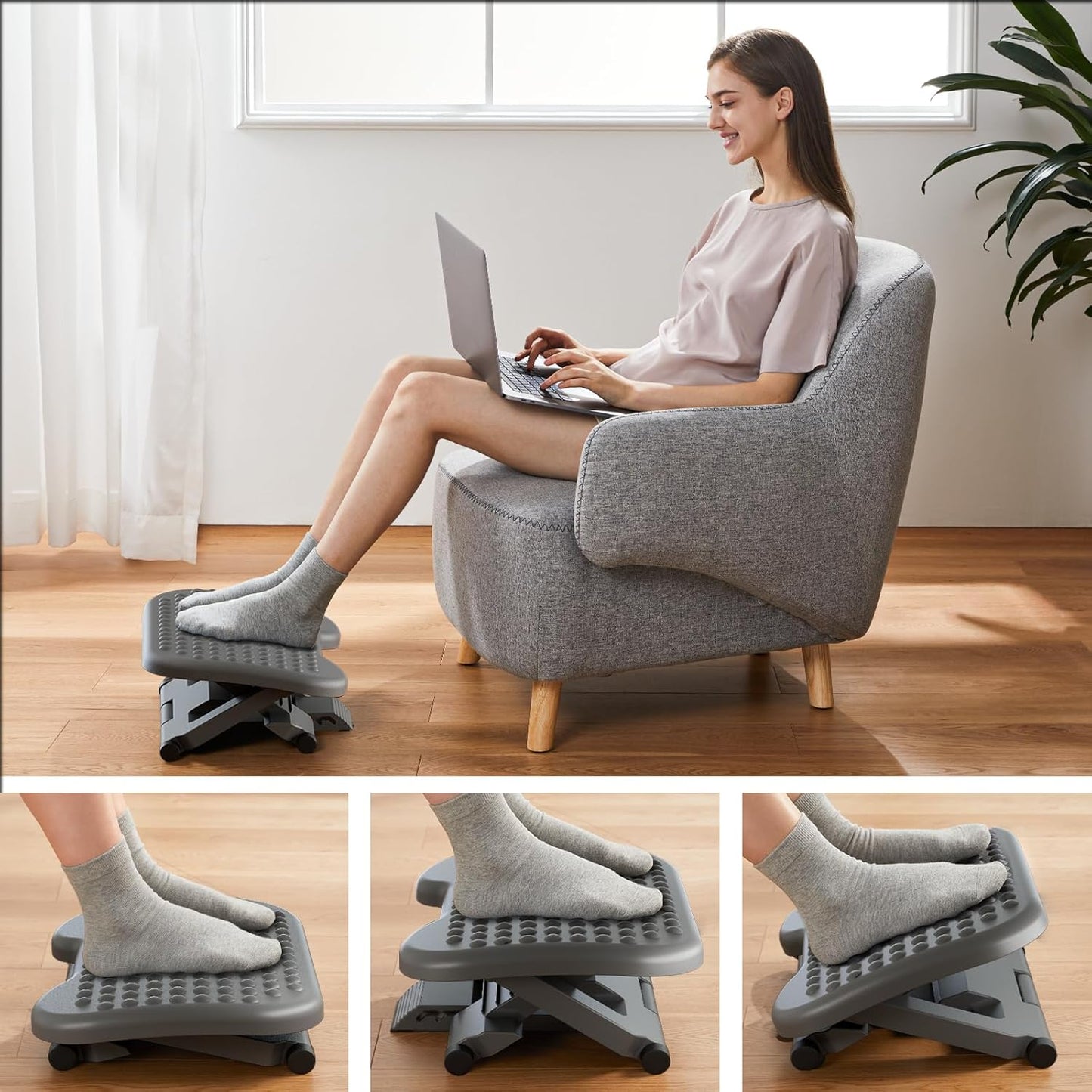HUANUO Adjustable Desk Footrest, Foot Rest for Under Desk at Work with Massage, Adjustable Foot Stool with 3 Height Position & 30 Degree Tilt Angle Adjustment for Home, Office, Gray