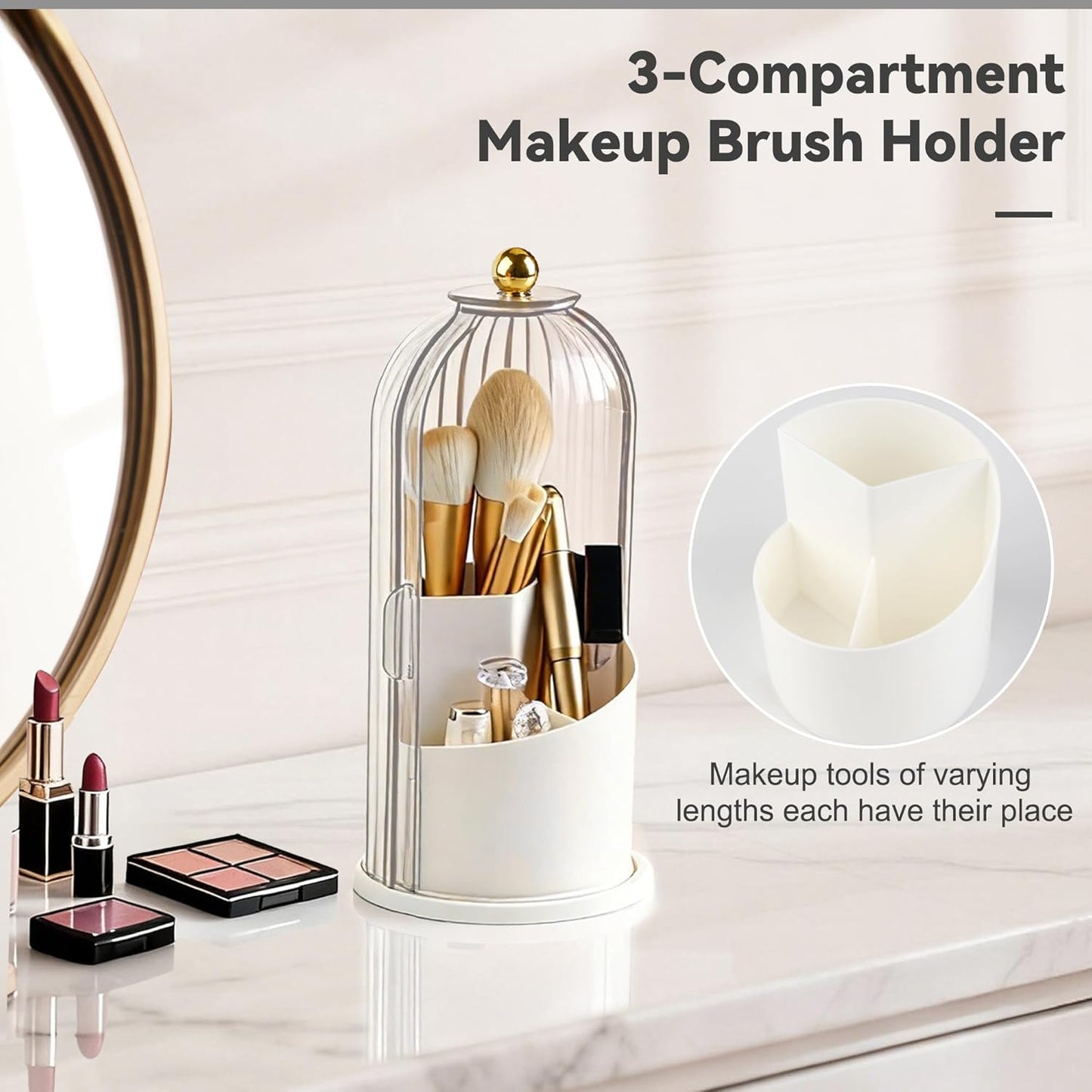 Hvygss 360° Rotating Makeup Brush Holder with Lid, Waterproof Three-Compartment Makeup Organizer, 180° Side-Pull Door Desk Organizer, Dustproof Brush Holder for Vanity and Bathroom (Transparent)