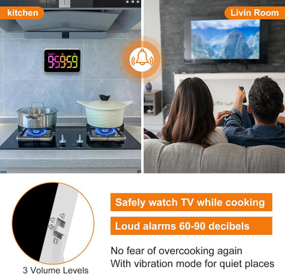 PERSUPER Kitchen Digital Timer, Count Down Up, Rechargeable, Vibration Mode Adjustable Volume and Brightness LED Display, Time Management Cook, Desk, Kids Adults Study Teaching, Kitchen Gadgets RGB