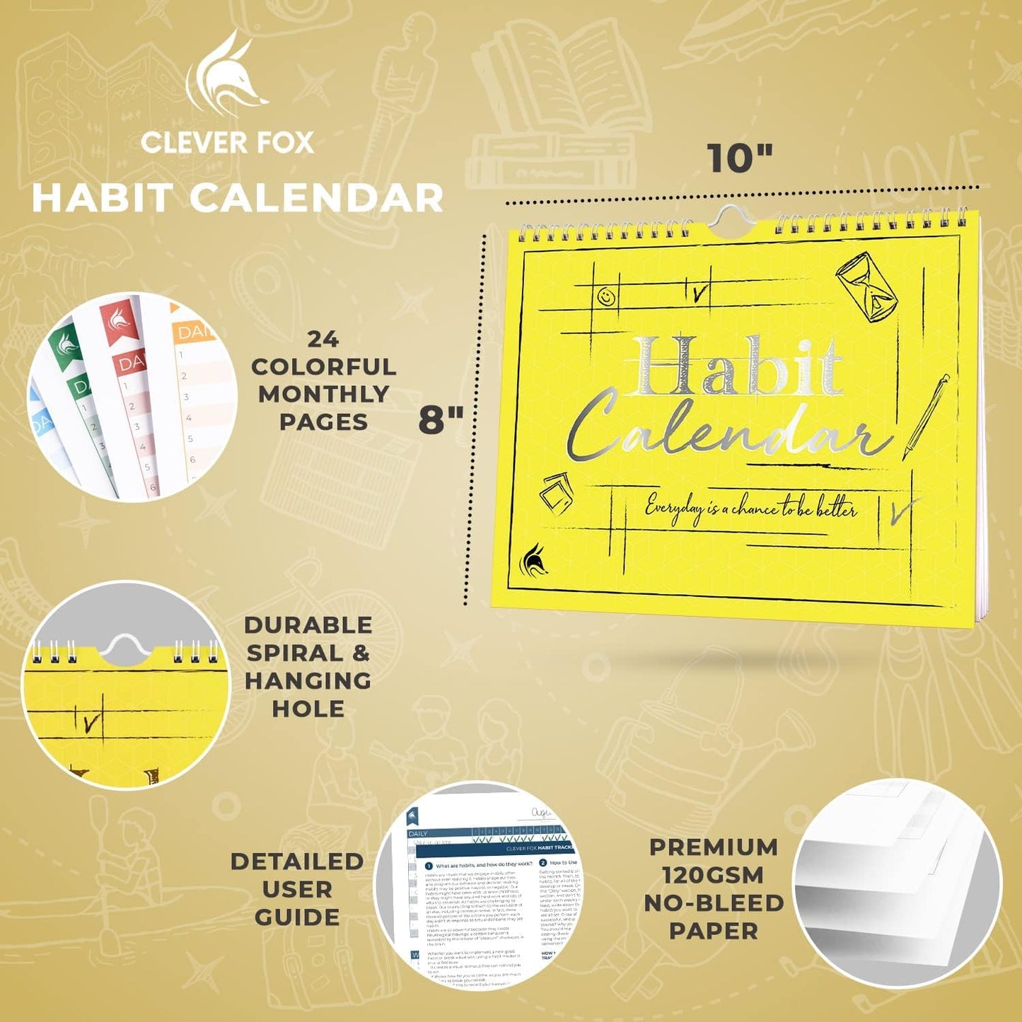 Clever Fox Habit Tracker Calendar – Inspirational Goal Tracker and Habit Calendar for Atomic Habits – Colorful Habit & Goal Planner Journal to Boost Productivity – 24 Months, 10″ x 8″ (Black)