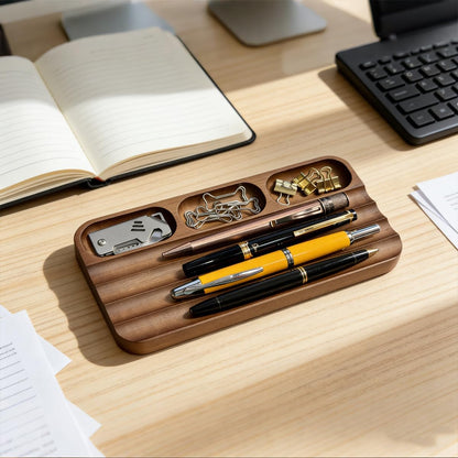 Pen Holder Organizer of Office desks,Walnut Desk Pen Stand,Wave Pen TrayOffice Accessory,Teacher Gifts,Suitable for School,Home,Office Desktop Art Accessories (Walnut-5 Grid)
