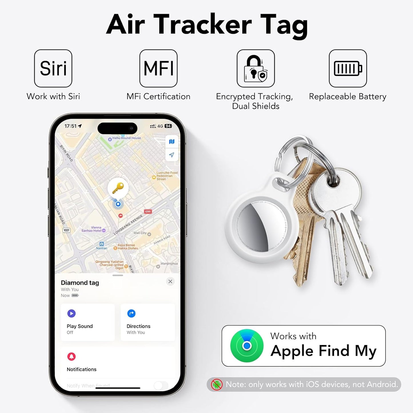 New Tracker Tag-1 Pack (Black), QCOQ Bluetooth 5.3 Tracker Tag Work with Apple Find My (iOS Only), Smart Tag with Protective Case/Keychain/Lanyard, Item Finder for Key/Wallet/Bag, Replaceable Battery
