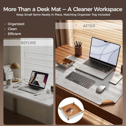 Premium Faux Leather Desk Mat & Tray Set，Innovative Cork-Look Printed Base，Gift Tube Packaging，Full-Desk Coverage，Non-Slip Desk Pad for Office Home（Olive Green）