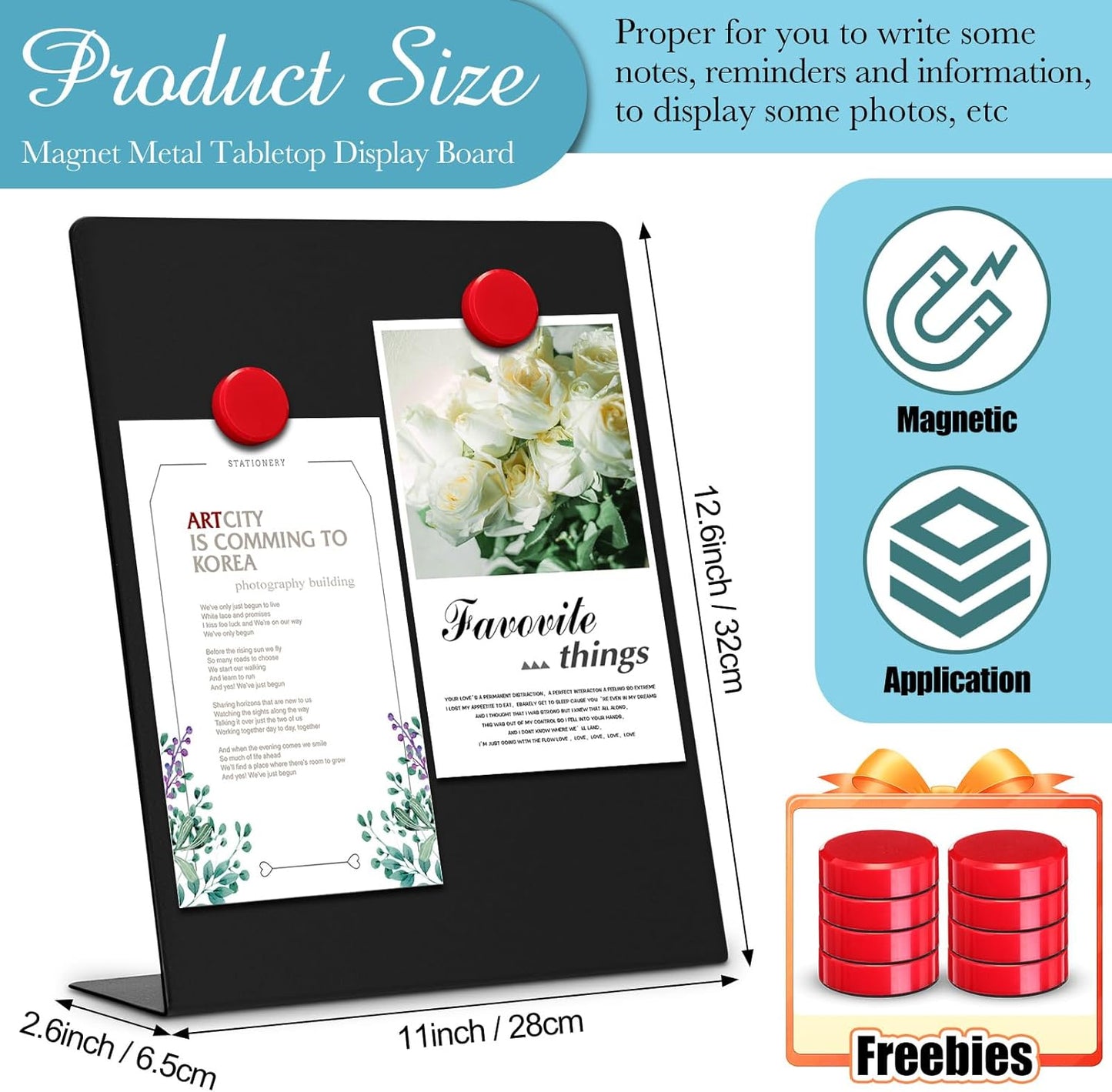 Fainne 2 Pcs Magnetic Bulletin Board with Easel Stand Mini Magnet Metal Tabletop Memo Display Board for Back to School Menu Table Office Supplies (Black,11 x 8.5 Inches)
