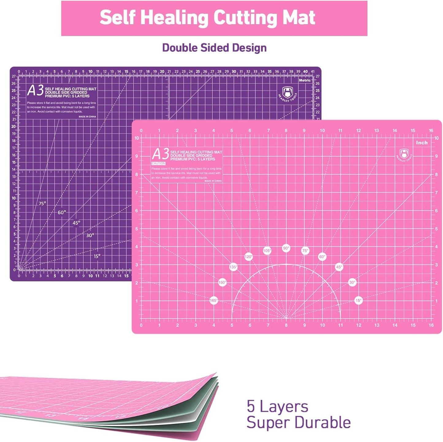 Headley Tools Rotary Cutter Set - 45mm Fabric Cutter, 5 Extra Rotary Blades, A3 Cutting Mat, Quilting Ruler and Sewing Clips, Craft Knife Set, Ideal for Crafting, Sewing, Patchworking, Purple