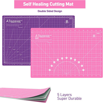 Headley Tools Rotary Cutter Set - 45mm Fabric Cutter, 5 Extra Rotary Blades, A3 Cutting Mat, Quilting Ruler and Sewing Clips, Craft Knife Set, Ideal for Crafting, Sewing, Patchworking, Purple