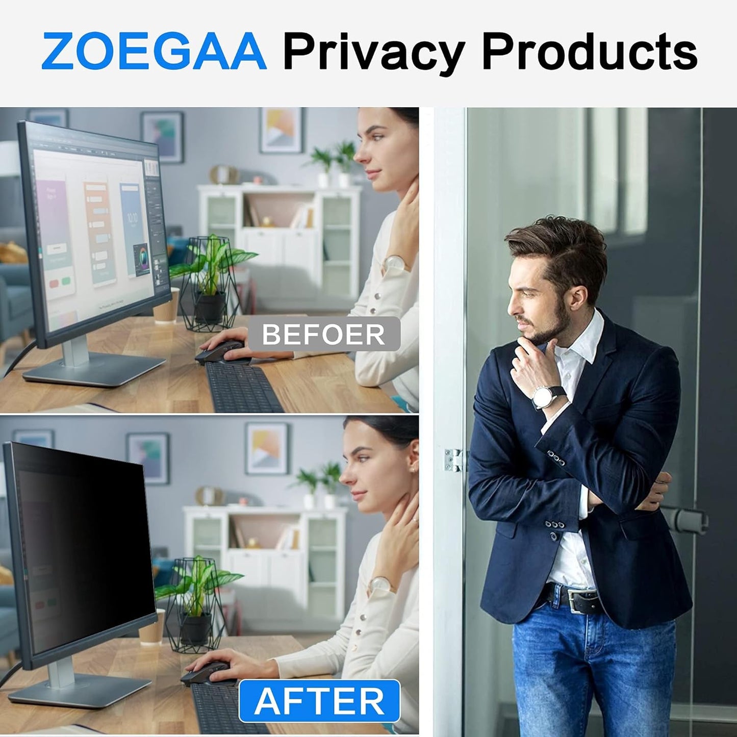 ZOEGAA 14 Inch Laptop Privacy Screen Filter, for 16:10 Widescreen Monitors -Dell HP Acer Samsung Lenovo ASUS Toshiba, Removable Privacy Screen Anti-Peeping, Anti Blue Light Blocking and Anti Glare
