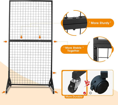 Eastern Tree 2 Packs 3'X 6' Two Gridwall Panels Display Stand with Sturdy T-Base, Black Wire Grid Wall Panels for Craft Show Display Rack, Art Display Stand, Extra more 20 Hooks