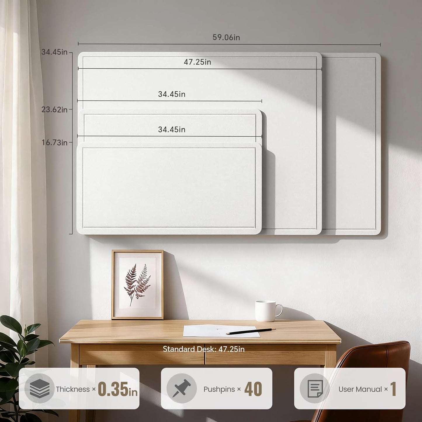 Large Bulletin Board, 35 X 17 Inches Felt Cork Board with 40 Pushpins, Foldable Felt Notice Pin Board Photo Display Board with Self-Adhesive Tape for Office Home School (Oatmeal, 35x17 inch)