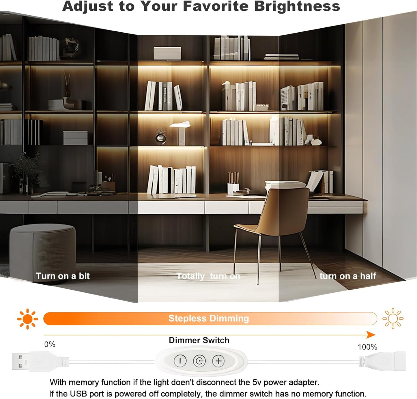 USB Light Strip Warm White 3000K CRI 92+ Small Dimmable COB LED Strip Light Cuttable 5V USB Powered 6 ft 10W for TV Backlight Cabinet Bedroom Indoor DIY Lighting Project