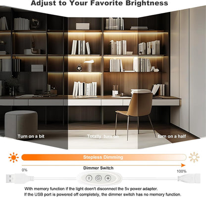 USB Light Strip Warm White 3000K CRI 92+ Small Dimmable COB LED Strip Light Cuttable 5V USB Powered 6 ft 10W for TV Backlight Cabinet Bedroom Indoor DIY Lighting Project