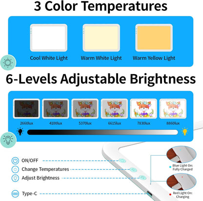TOHETO A4 Rechargeable Led Super Bright Light Pad Powered by 3500mAh Lithium Battery for Weeding Vinyl Tool, Portable Wireless Light Board/Box for Tracing, Diamond Painting, Sketching & Drawing