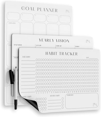 Magnetic Goal Planner Set: Reusable Dry Erase Habit Tracker, Vision Board, Purpose Planner and Workout Calendar Minimalist Wall Calendar Aesthetic Planner, Year at a Glance Wall Calendar 2025