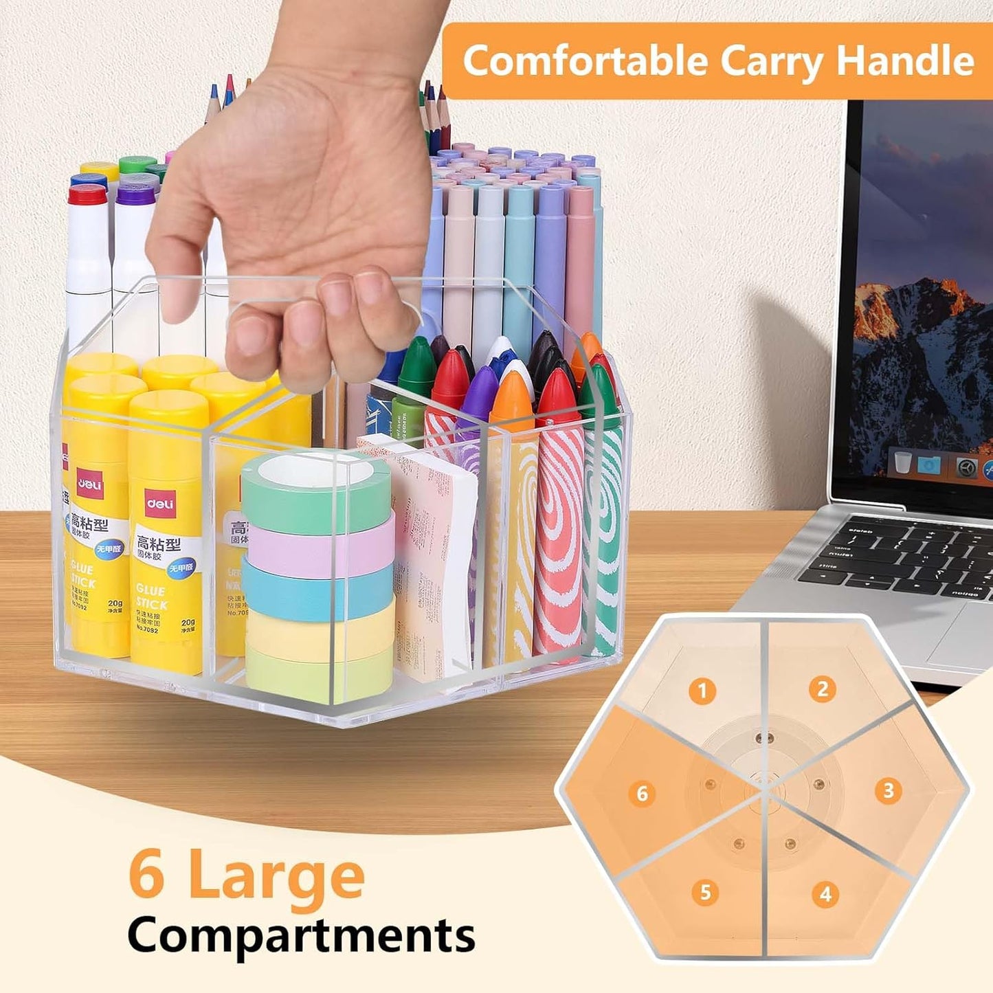 Rotating Pencil Holder for Desk, 5 Slots 360-Degree Spinning Acrylic Pen Holder for Desk, Marker Holder Caddy Art Supply Organizer Pen Organizer for Office Home School