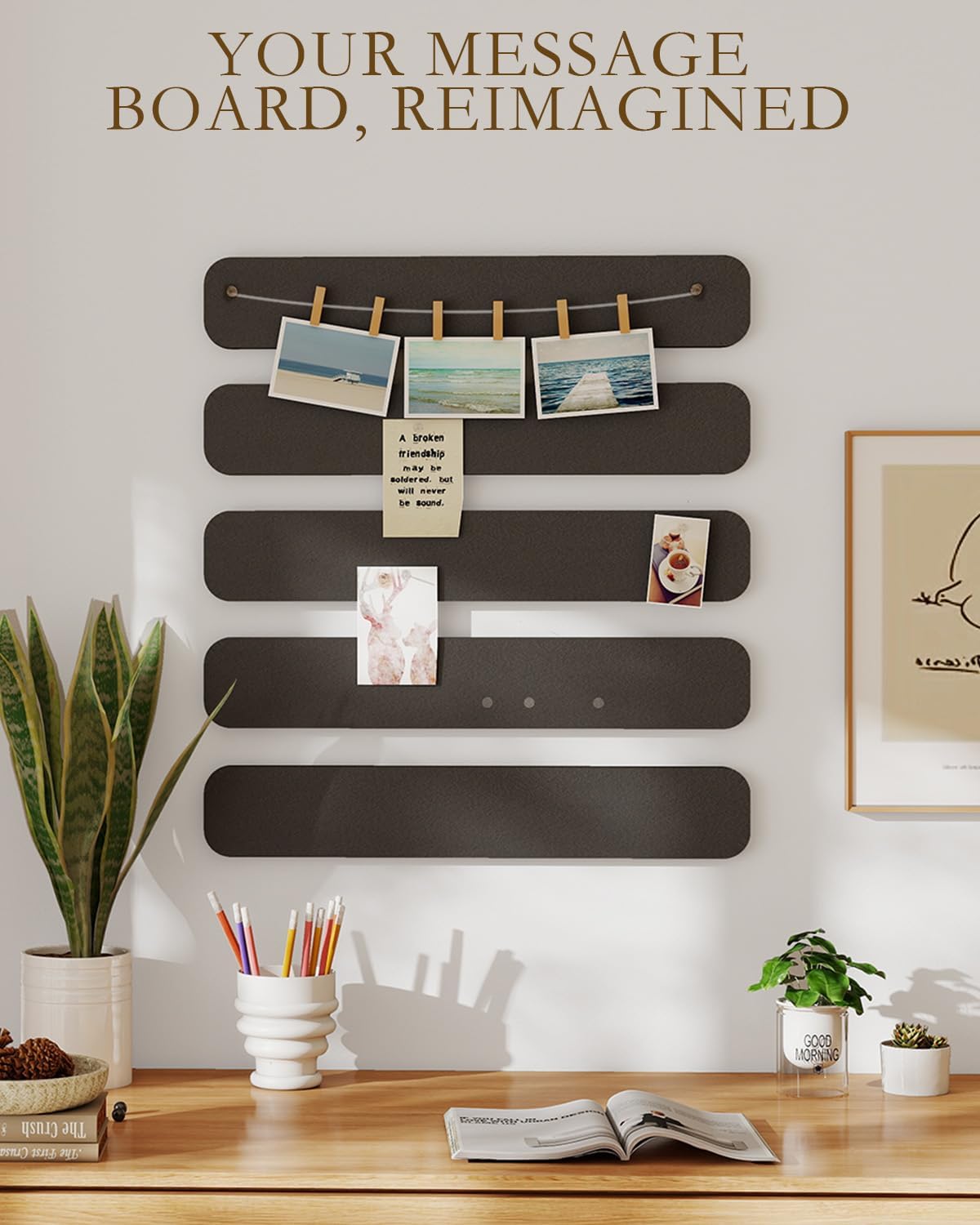 JBER Felt Strip Board 5 Pack 13"x2", Cork Board Alternative Pin Bulletin Board, Self-Adhesive Vision Board with 25 Push Pins for Walls, Office & Home Decor(Light Camel)