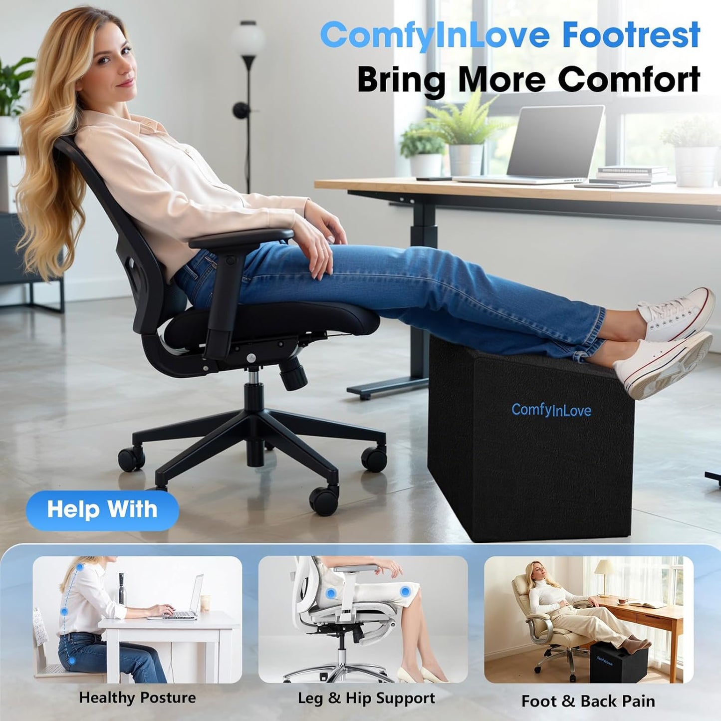 Foot Rest for Under Desk at Work - Non-Slip Foot Stool with 3 Adjustable Heights, Ergonomic Under Desk Footrest with Washable Cover for Leg Elevation, Desk, Home, Office, Car (Dark Grey)