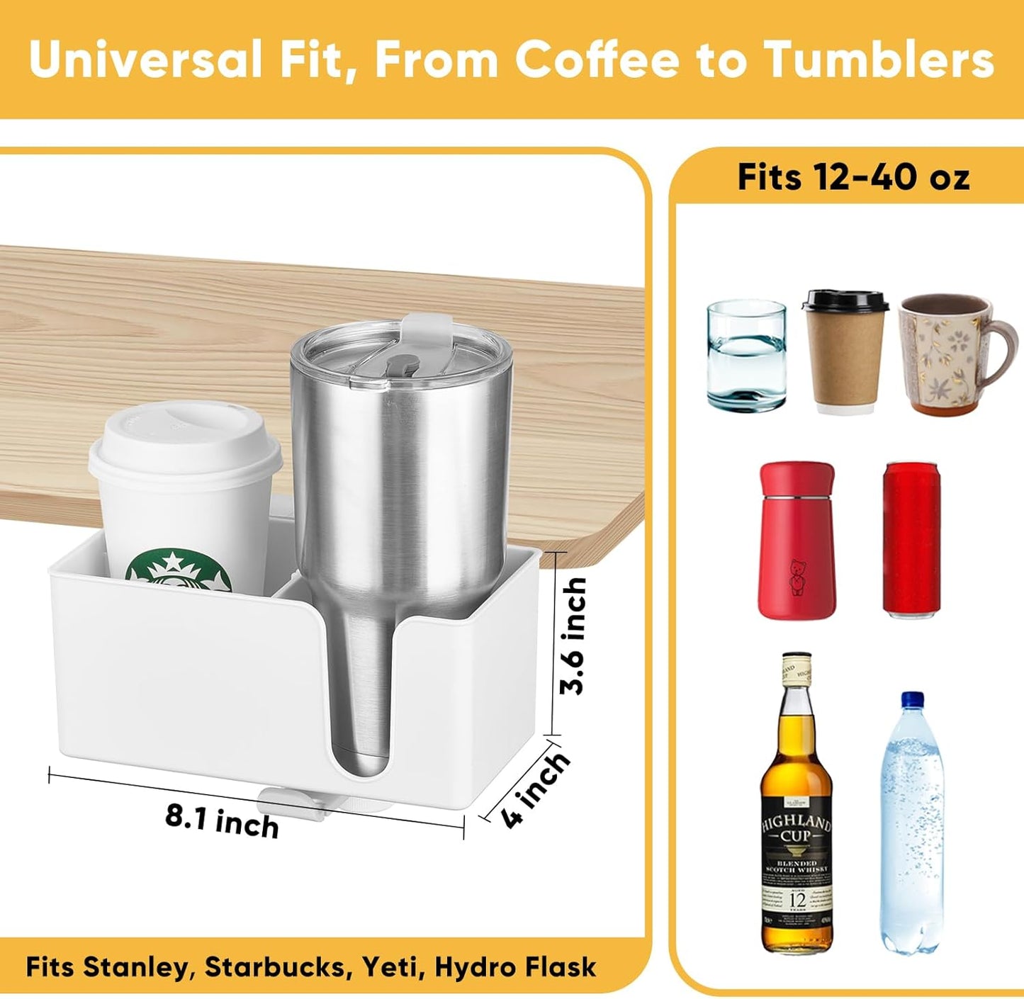 4-in-1 Clip On Desk Cup Holder, Fits up to 40oz cups - Mountable Holder with Adjustable Divider & 360° Rotating Hook - No Spill Clamp On Drink Holder Attachment - for Desk Chair Table Bed Tray - Black