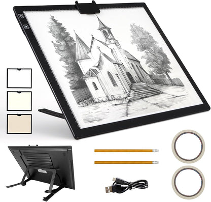 Fiqiuuiid A4 Rechargeable LED Light Pad, Tracing Light Box with 6-Level Dimmable & Light Guide artboard, Diamond Painting Light Board with Stand and Top Clip, Cordless Lightbox with Carrying Case