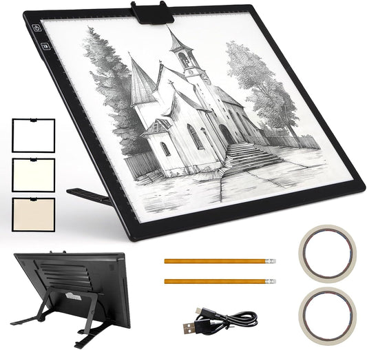 Fiqiuuiid A4 Rechargeable LED Light Pad, Tracing Light Box with 6-Level Dimmable & Light Guide artboard, Diamond Painting Light Board with Stand and Top Clip, Cordless Lightbox with Carrying Case