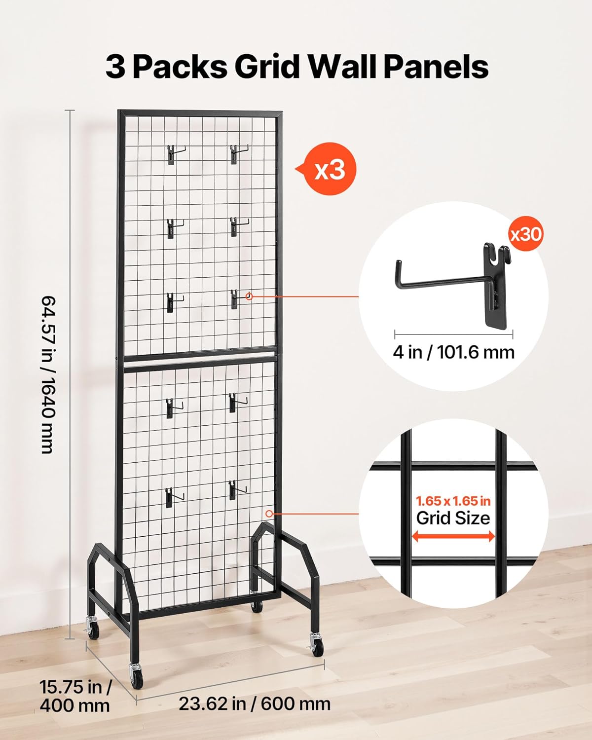 VEVOR 3 Packs Grid Wall Panels, 1.9 x 5.4 ft Wire Grid Panels Display Rack, Movable Art Display Shelf with Wheels and 30 Hooks, Black Carbon Steel Gridwall for Craft Show, Decor, Storage, Notice Board