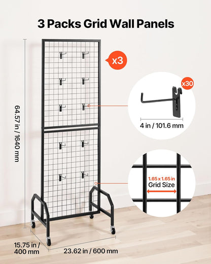 VEVOR 3 Packs Grid Wall Panels, 1.9 x 5.4 ft Wire Grid Panels Display Rack, Movable Art Display Shelf with Wheels and 30 Hooks, Black Carbon Steel Gridwall for Craft Show, Decor, Storage, Notice Board