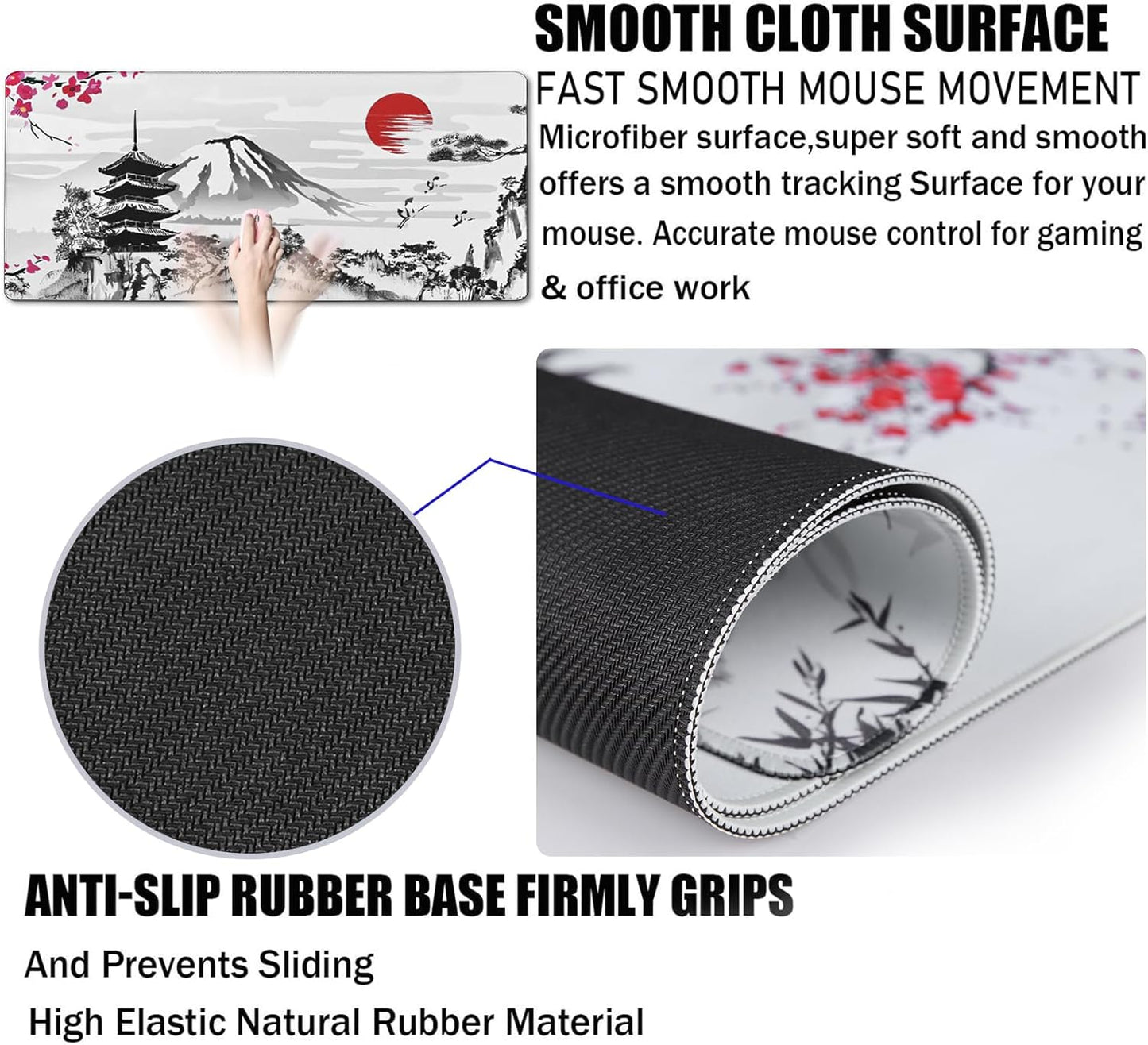 31.5" x 15.7" Waterproof Fabric Desk Pad, Rubber Anti-Slip Base, Stitched Edges No Curling, Fits Laptop Keyboard and Mouse, Smooth Office Mat Large Mouse Pad for Work Game, Black