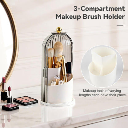 Hvygss 360° Rotating Makeup Brush Holder with Lid, Waterproof Three-Compartment Makeup Organizer, 180° Side-Pull Door Desk Organizer, Dustproof Brush Holder for Vanity and Bathroom (Transparent)