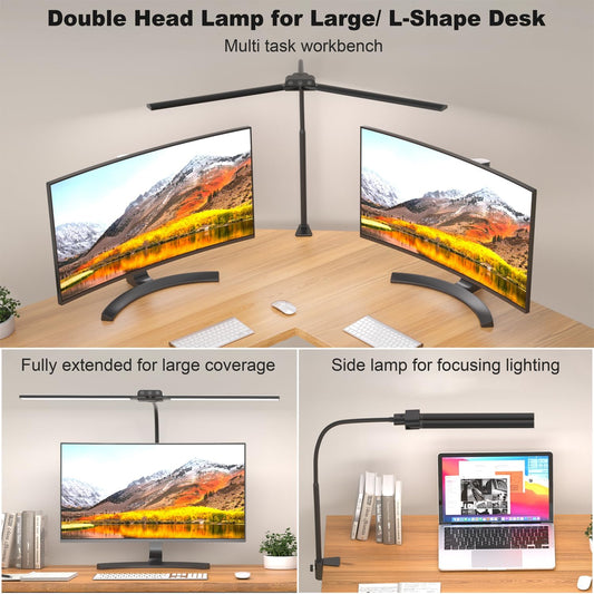 KableRika Desk lamp,Double Head LED Desk Lamp with Clamp,Architect Desk Lights for Home Office,Eye-Caring Desktop Office Lamp 4-Brightness 4-Color Table Lamp for Monitor Workbench Reading White