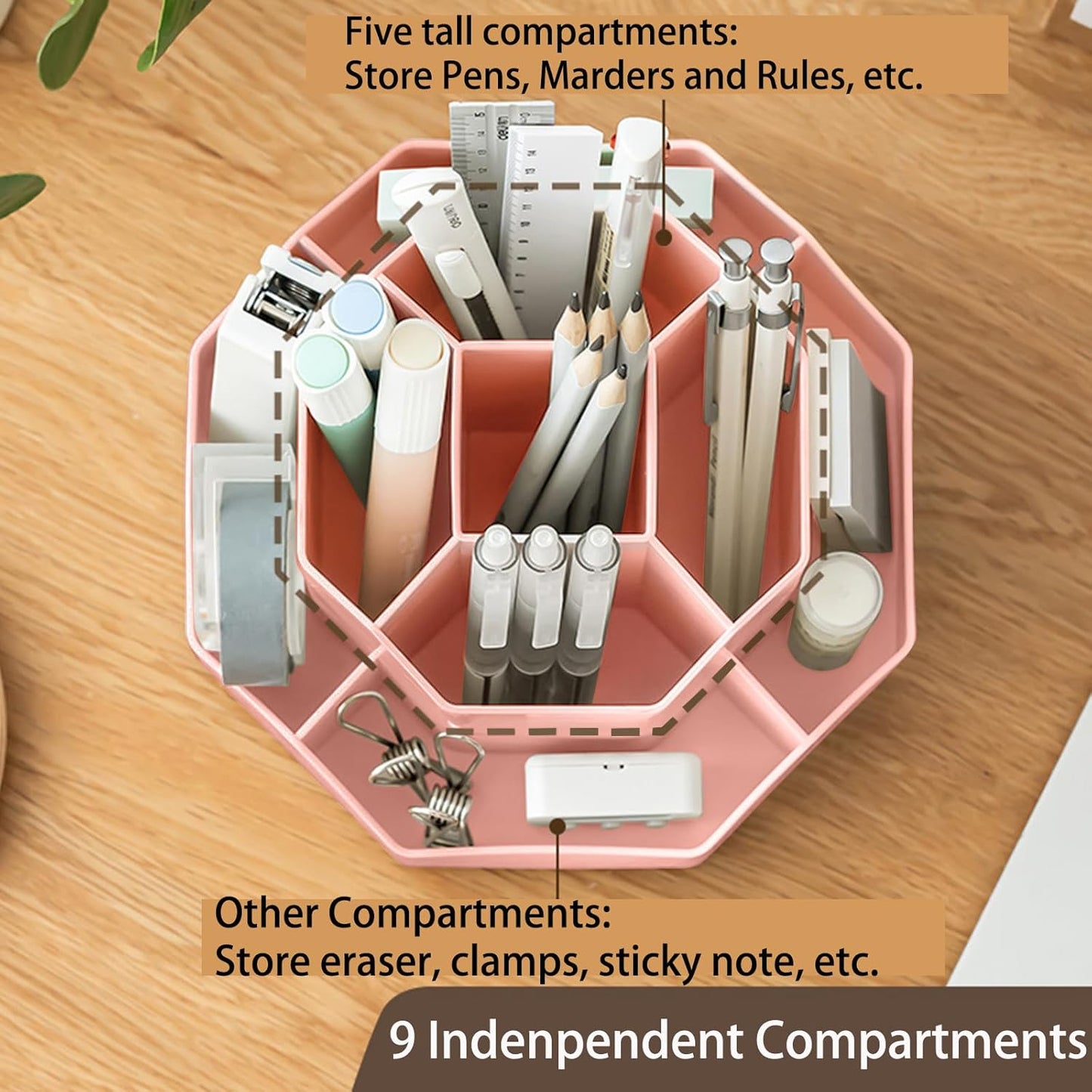 Rotating Desk Organizer, 360° Rotating Pencil Pen Holder for Desk, Desk Organizers and Accessories with 11 Slots Pencil Organizer, Art Supply Storage Box Caddy for Office (Beige)