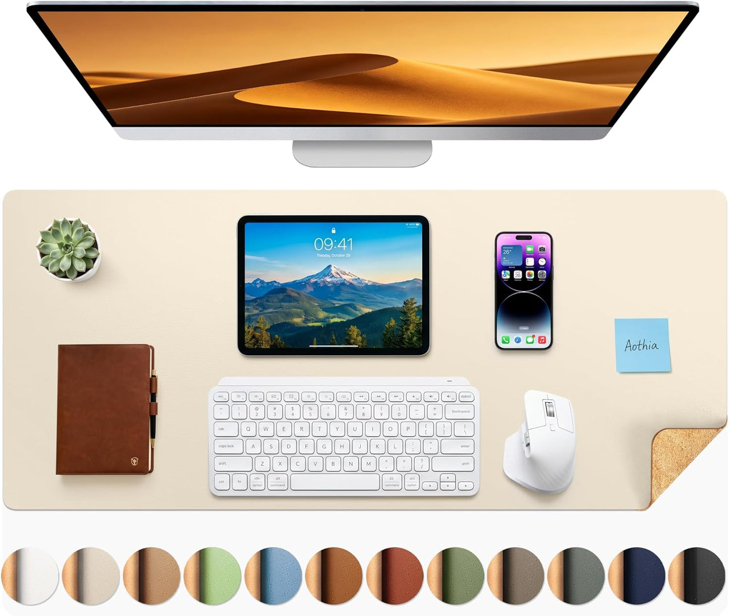Aothia Dual-Sided Desk Pad - 25.6x13.7 inches Leather Desk Mat, Natural Cork Desk Pad Protector, Large Mouse Pad for Desk, Waterproof Desk Blotter Pad, Desk Writing Pad for Office Work/Home, Black