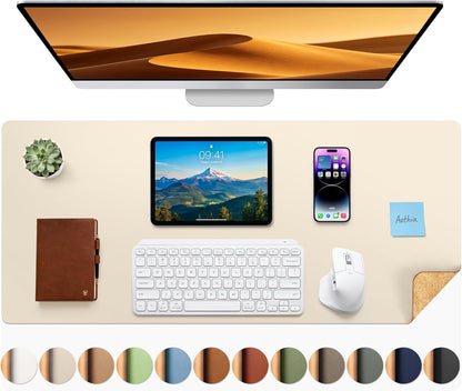 Aothia Dual-Sided Desk Pad - 25.6x13.7 inches Leather Desk Mat, Natural Cork Desk Pad Protector, Large Mouse Pad for Desk, Waterproof Desk Blotter Pad, Desk Writing Pad for Office Work/Home, Black