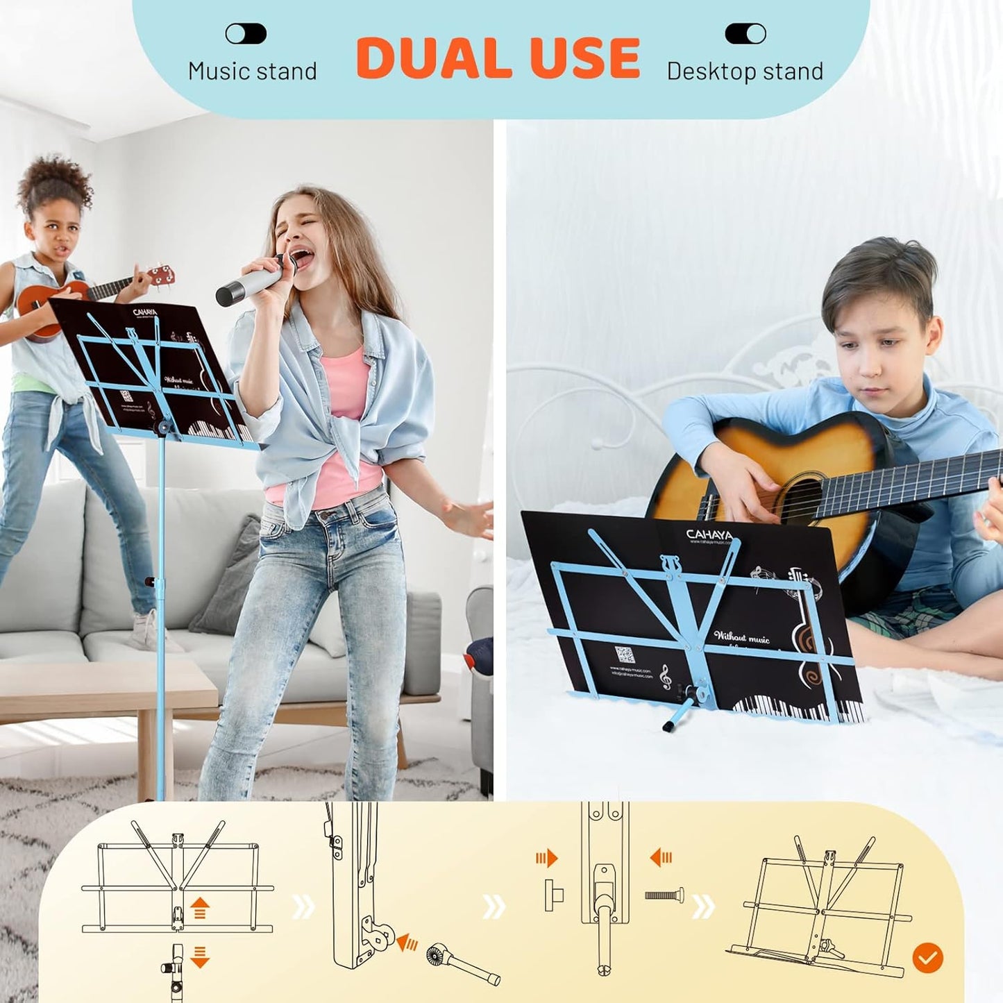 CAHAYA Portable Sheet Music Stand: Dual Use Desktop Book Holder Folding Lightweight Extra Stable Reinforced with Carrying Bag and Clip for Students Musicians Height Adjustable up to 54.3" CMS0204