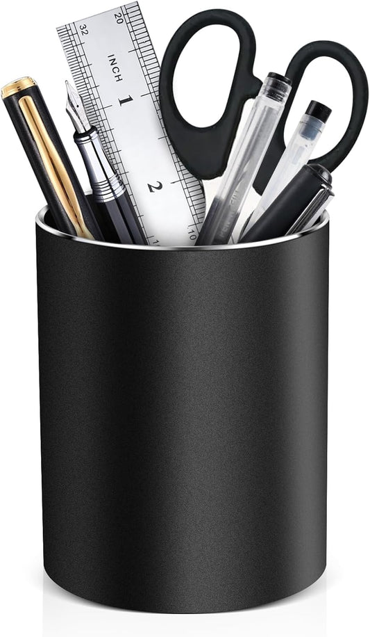RQB Metal Pen Holder for Desk Square Aluminum Desktop Organizer and Makeup Brush Holder Storage Box for Office, School, Home, and Kids, Non-slip silicone 4×3.15inch-Gray