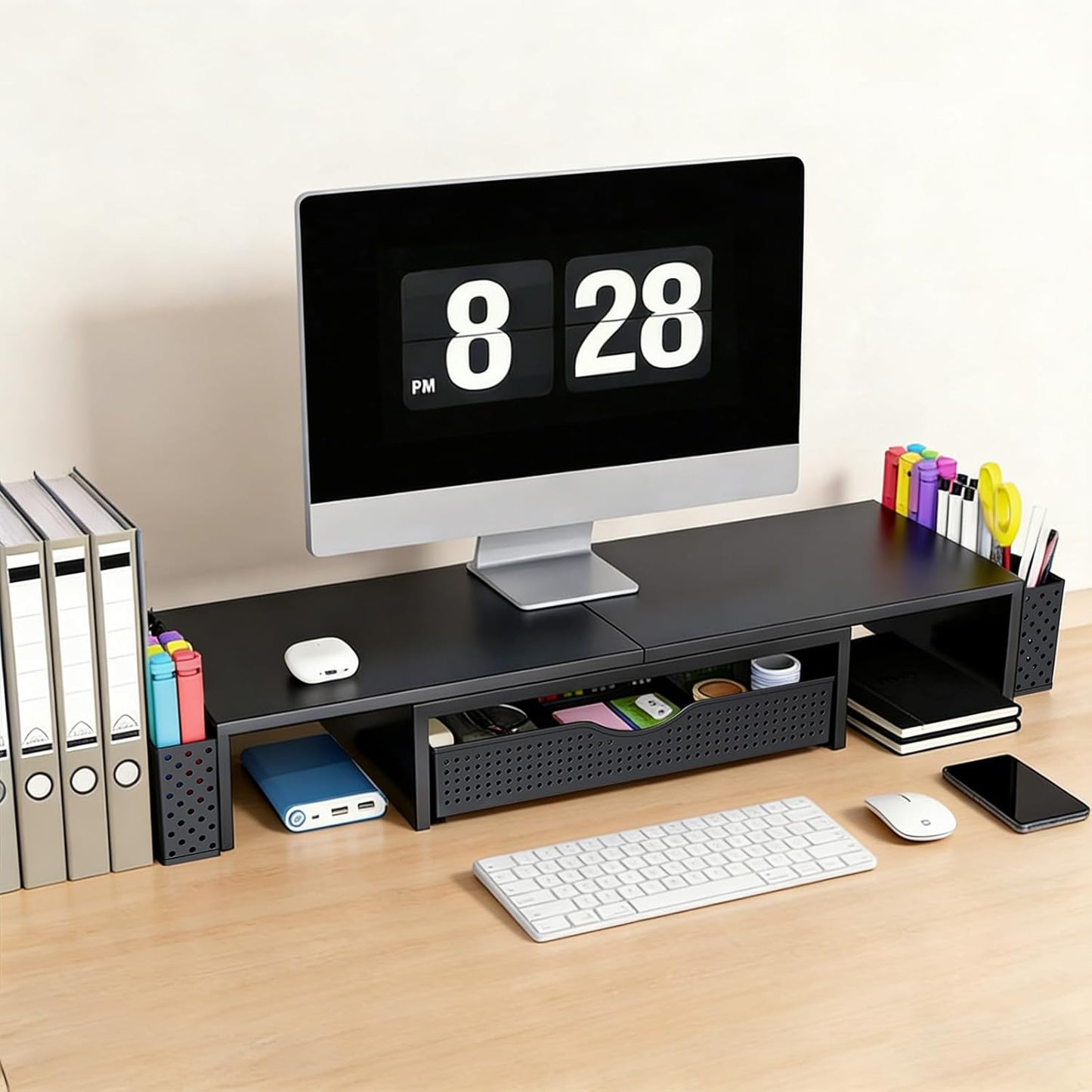 Spacrea Metal Desk Organizers and Accessories, Dual Monitor Stand Riser with Drawer and 2 Pen Holders, Desk Accessories & Workspace Desktop Organizers for Office Supplies (Wood)