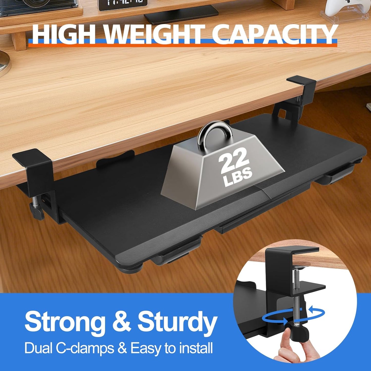 Large Height Adjustable Keyboard Tray with Sturdy C-Clamp Mount and Storage Drawer, 27"(31"Including Clamps) x 12" Slide Out Ergonomic Keyboard Trays for Home and Office, Black