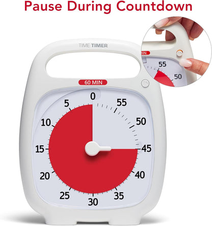 TIME TIMER Plus 20 Minute Desk Visual Timer - Countdown Timer with Portable Handle for Classroom, Office, Homeschooling, Study Tool with Silent Operation (White)