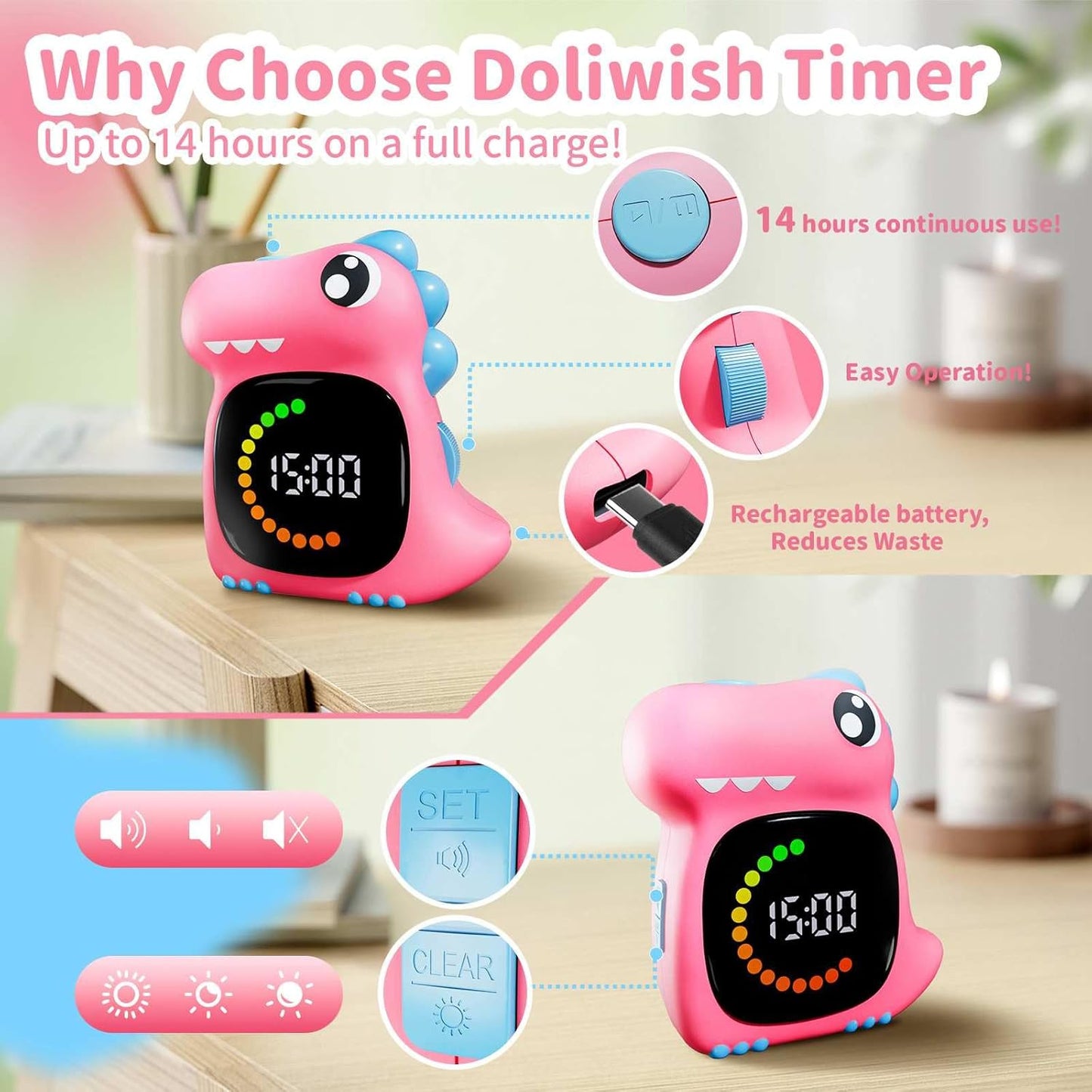 Visual Timer for Kids Light Blue Dinasuor Kids Timer Visual Led Rechargeable Toddler Timer Visual Countdown for Classroom Home Studing Playing