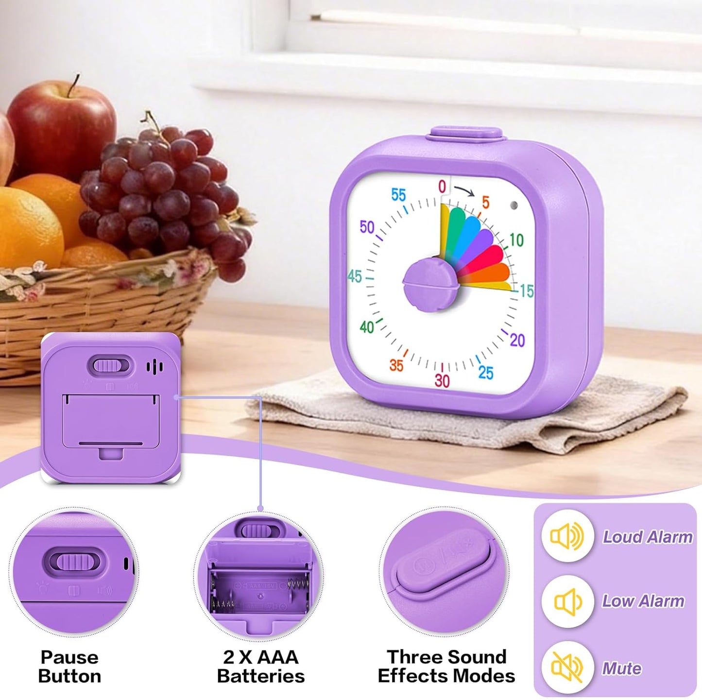 Mwellewm Visual Timer for Kids, 60 Minute Time Digital Pomodoro Timer Countdown with Silent Pause Function for Classroom Kitchen Study Cooking Meetings ADHD Rainbow Pattern(Blue)