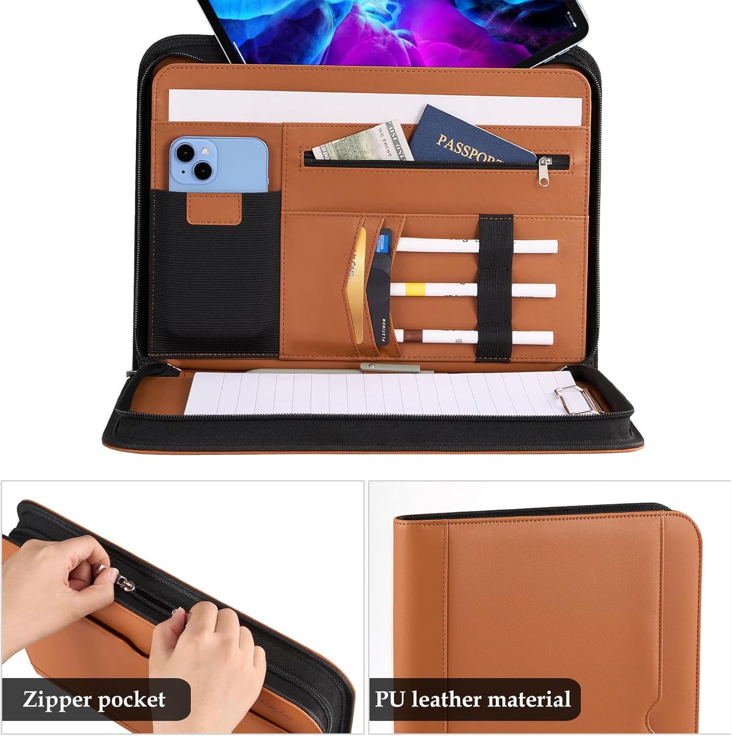 ProCase Portfolio Business Padfolio Folder with Zipper, Conference Meeting Executive File Legal Document Organizer with Pockets Letter Size A4 Writing Pad Notepad Padfolio -Black