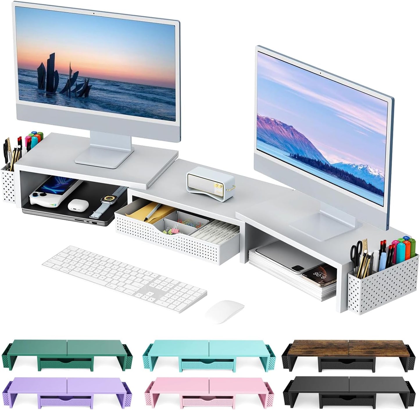 gianotter Dual Monitor Stand Riser, Desk Organizer With Drawer and 2 Pen Holders,Computer Monitor Stand, Desk Shelf for Top of Desk, Wood