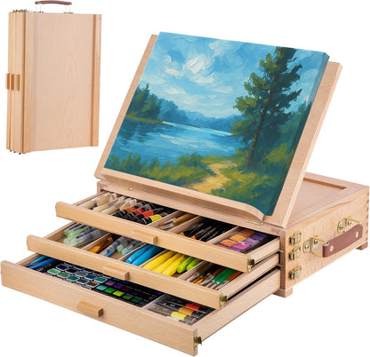Falling in Art Table Easel with Sketch Box Storage, Portable Beechwood Desktop Art Easel with 3 Drawers, Adjustable Tabletop Painting Stand for Teens and Adults