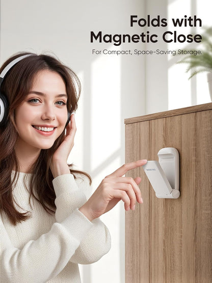 MAMUVIMO Headphone Stand, Headset Stand Foldable ＆ Sticky, Headphone Holder Hook Mount with Non-Slip Silicone, Adhesive Earphone Desk Hanger Clip Space-Saving for Airpods Max, All Earphones- Pink